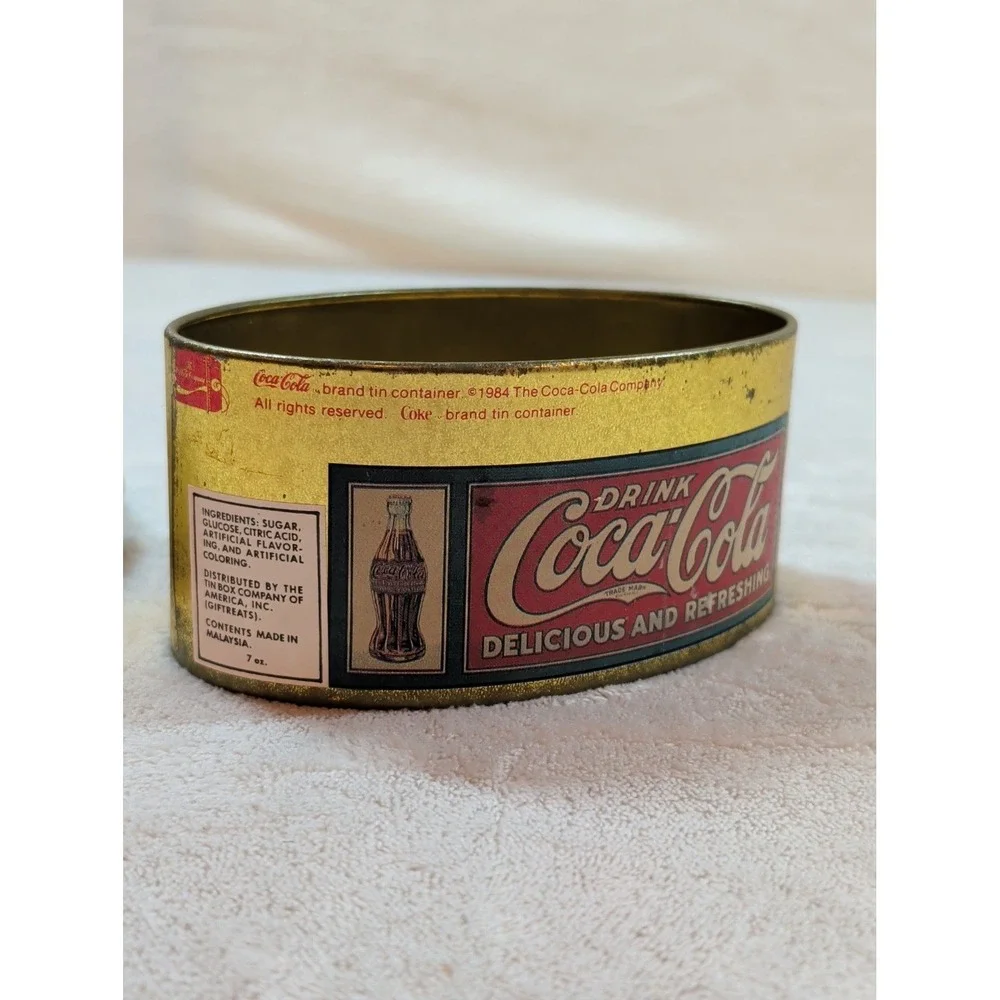 Vtg 1984 Coca-Cola Candy Tin Oval Gold Metal Tin Box Company 1980s Soda‎ Decor